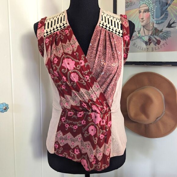Tiny Anthropologie Mixed Media Top XS Boho Cottagecore Coastal Cowgirl Patchwork - Picture 1 of 10